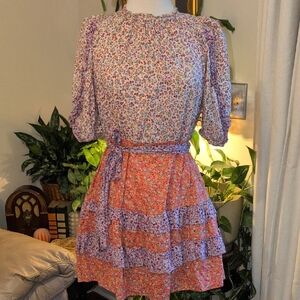 Ann Taylor Women's 8 Floral Tiered Ruffle Dress in Lavender and Coral